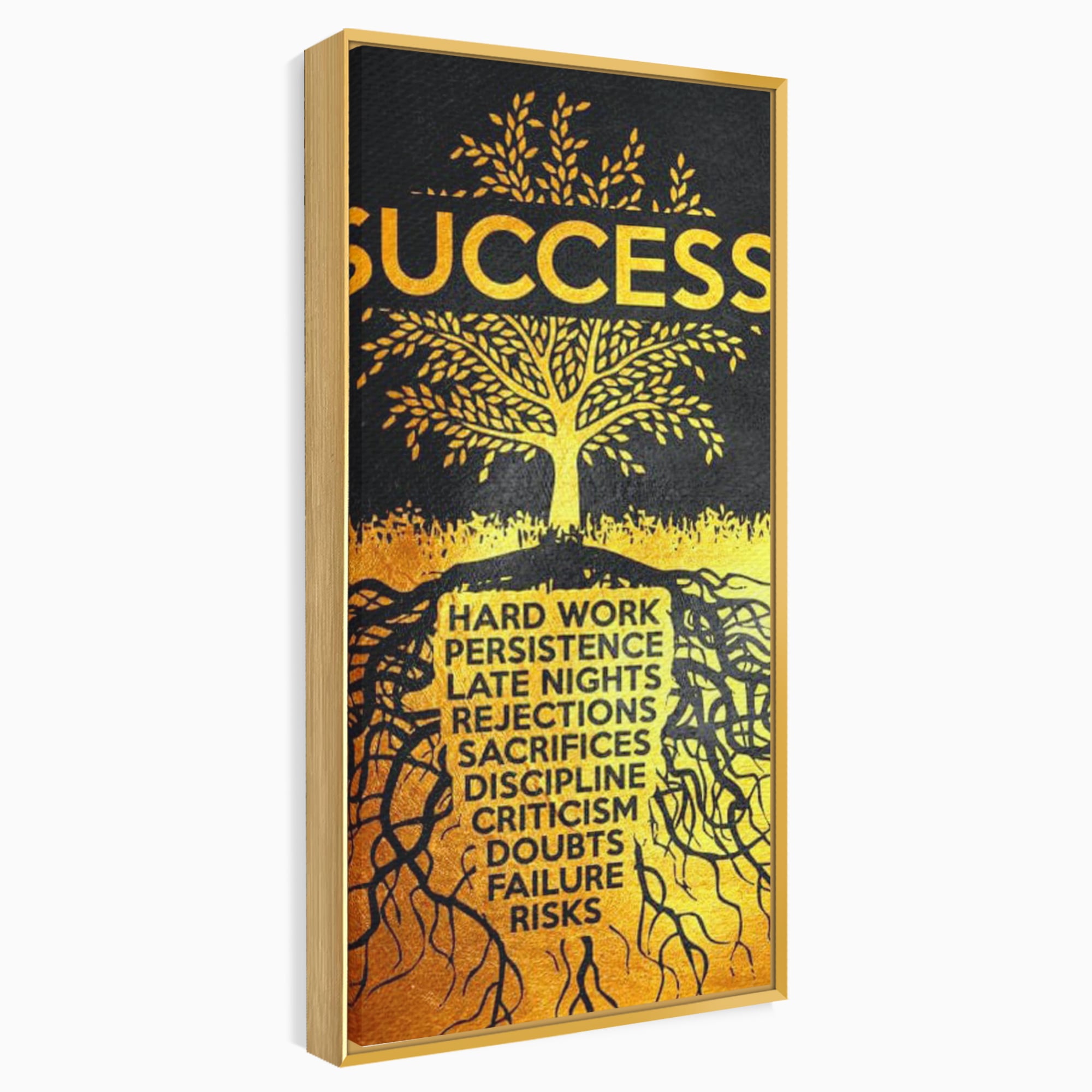 Tablou canvas cu tablou motivational cu arborele succesului, in rama de aluminiu auriu